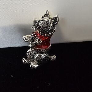 Silver Dog Brooch with Red Accents